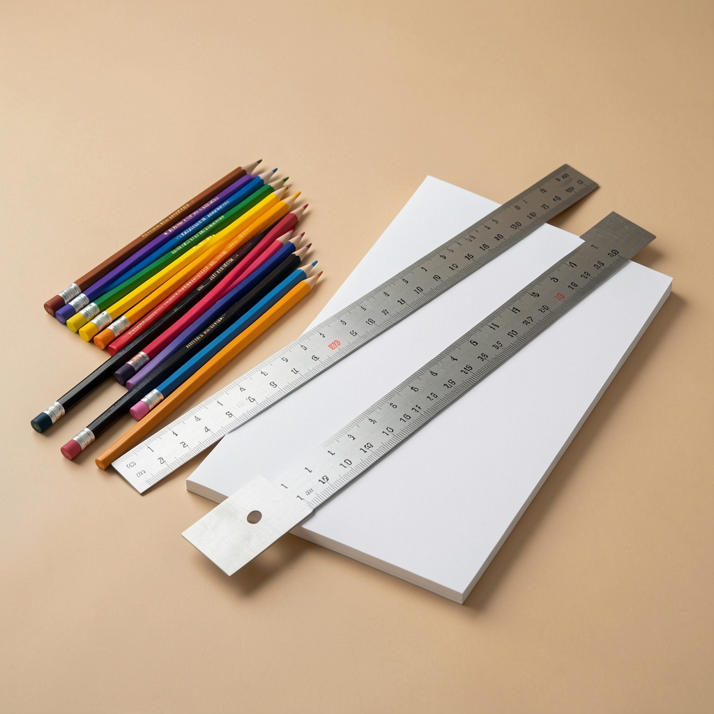 Set de materiales de arte con lápices de color, regla metálica y bloc de dibujo sobre fondo beige sin personas