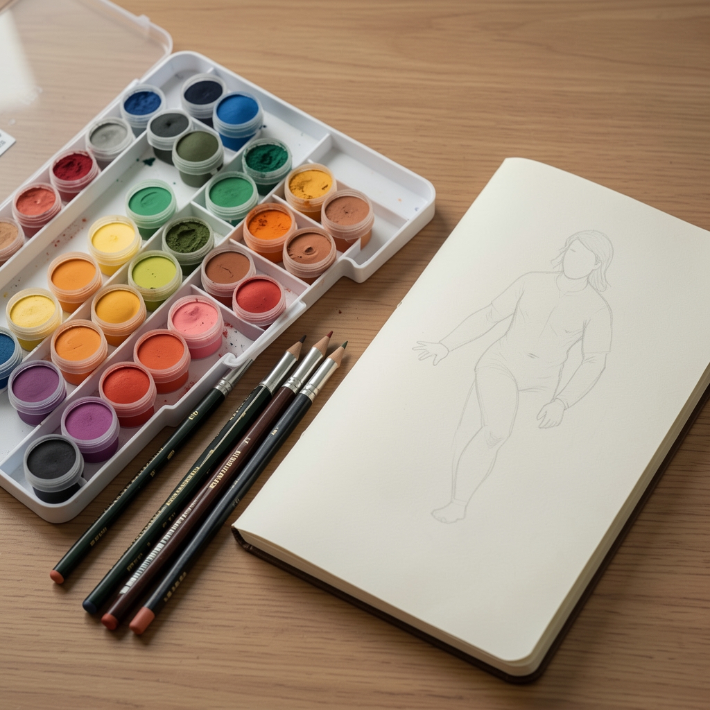 Muestrario de pigmentos y lápices de colores junto a un cuaderno de bocetos sin personas