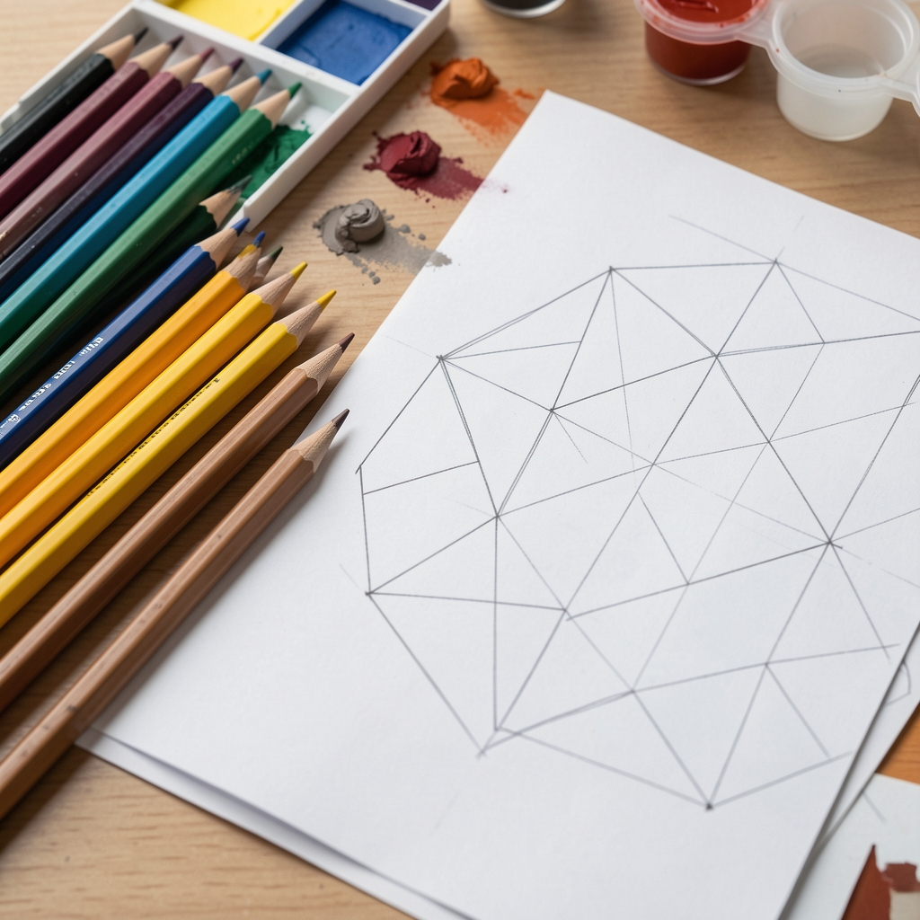 Lápices de colores y muestras de pigmento junto a una hoja de bocetos geométricos sin personas