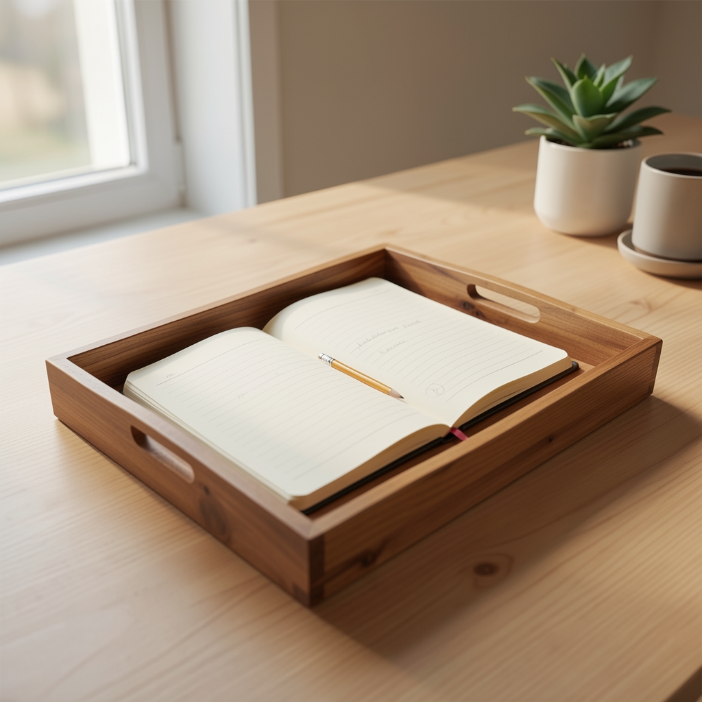 Bandeja de madera, libreta abierta y lápiz ordenados en un escritorio luminoso sin personas