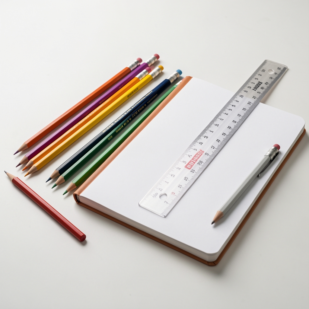 Lápices de colores, regla técnica y bloc de dibujo dispuestos como set de diseño sin personas