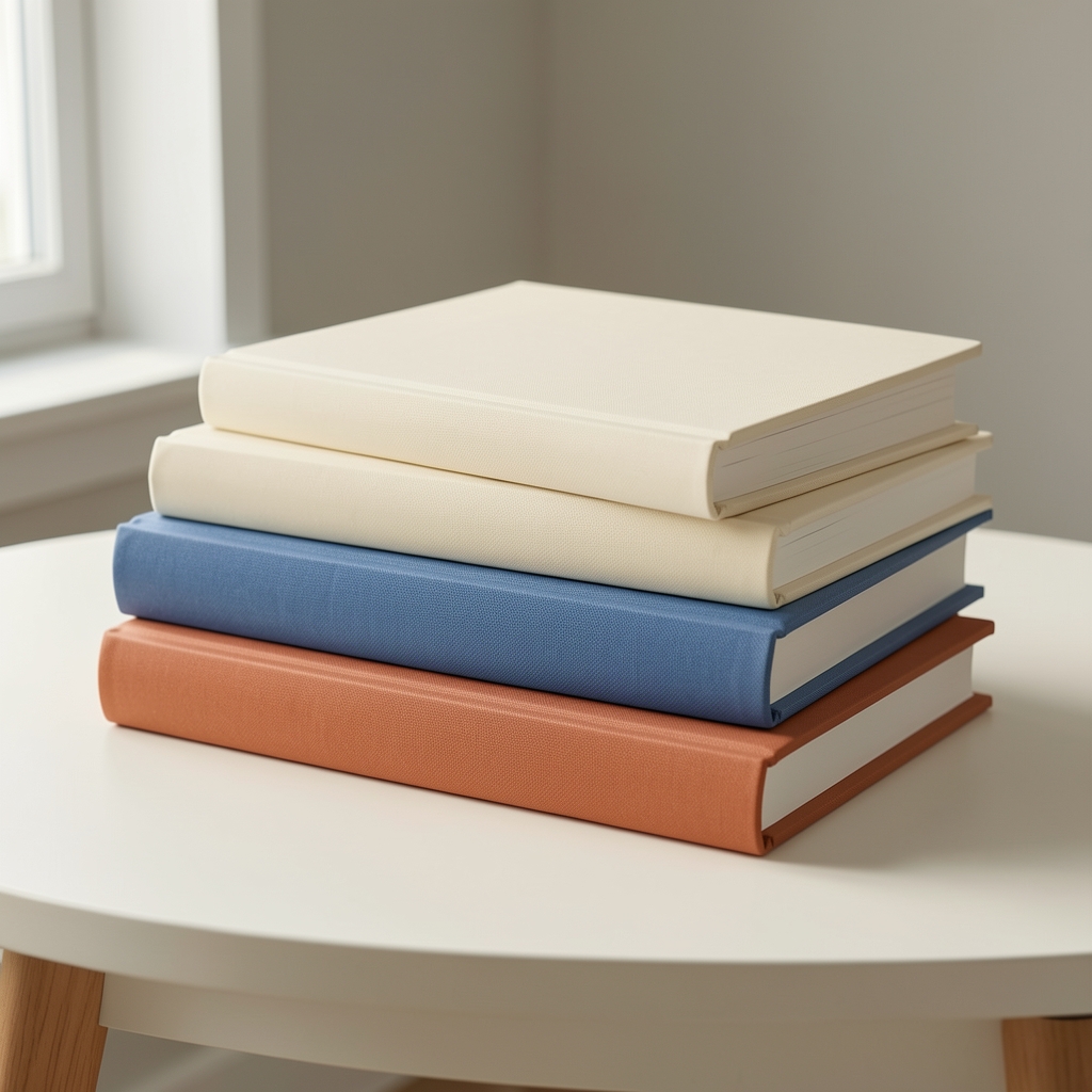 Tres cuadernos de tapa dura en tonos crema, azul y terracota apilados sobre una mesa clara