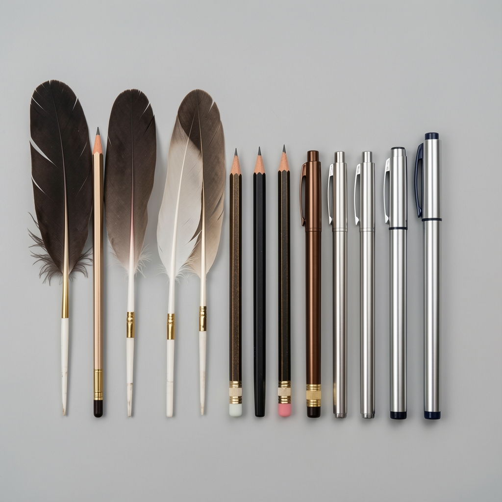 Selección de plumas, lápices y lapiceros metálicos alineados sobre fondo gris claro
