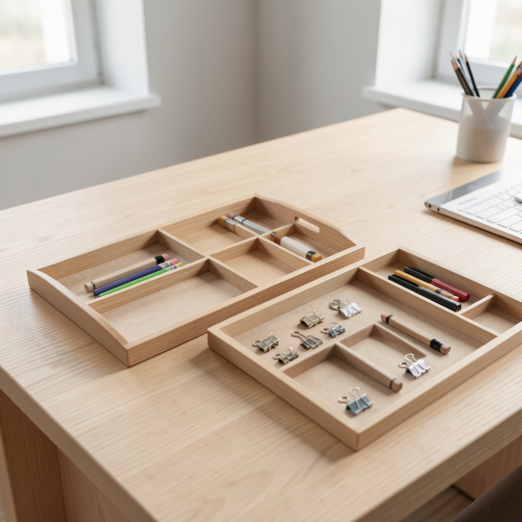Bandejas, portalápices y clips en un escritorio de madera clara perfectamente ordenado