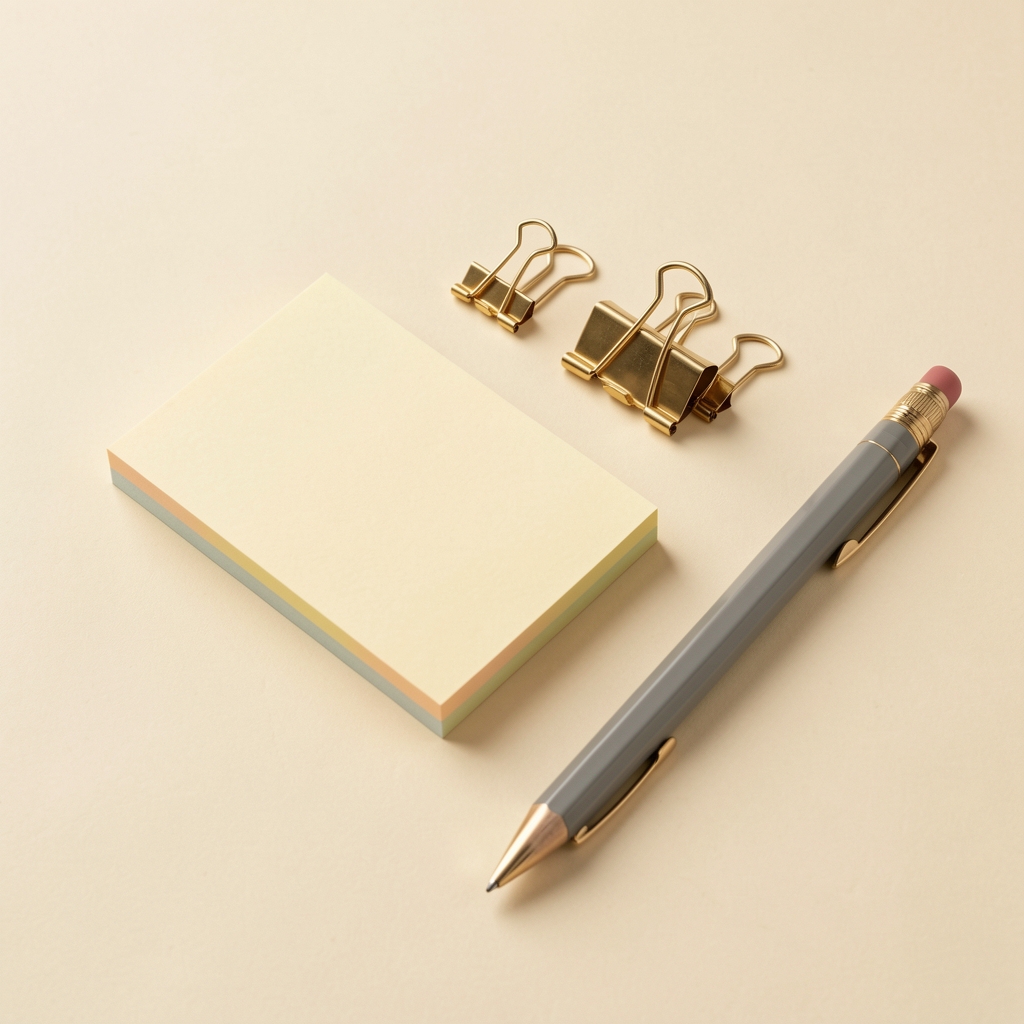 Set de papelería premium con notas adhesivas, clips dorados y lápiz sobre fondo crema