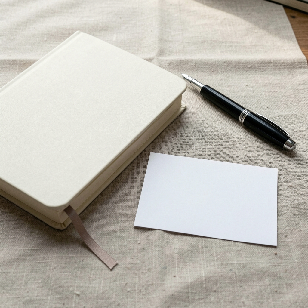 Cuaderno de consultas y pluma negra junto a una tarjeta de atención sobre mesa de lino