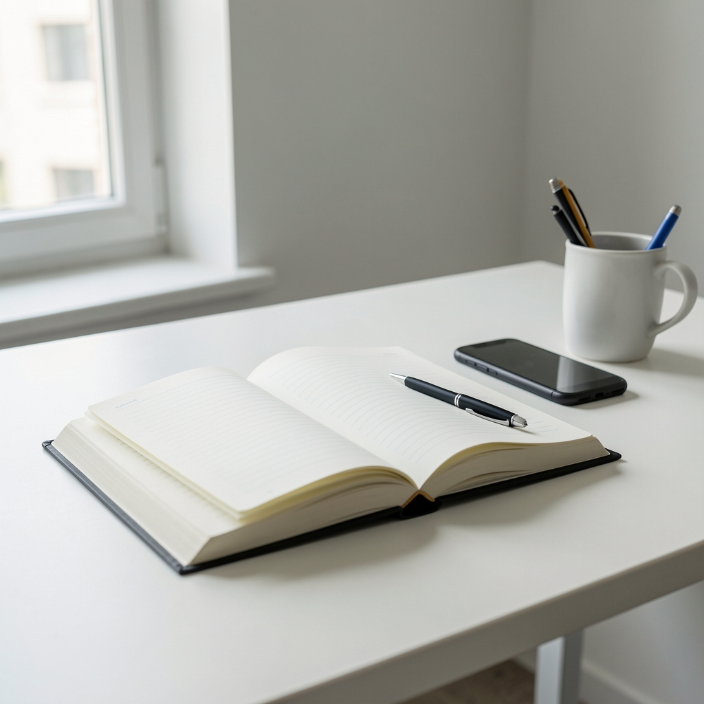 Mesa de atención con cuaderno abierto, teléfono y pluma sobre escritorio claro