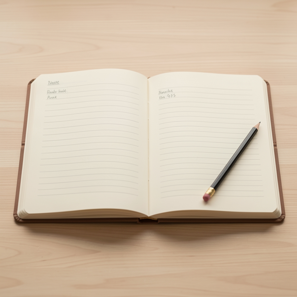 Cuaderno abierto con páginas marfil, notas ordenadas y lápiz de grafito sobre escritorio de madera clara sin personas