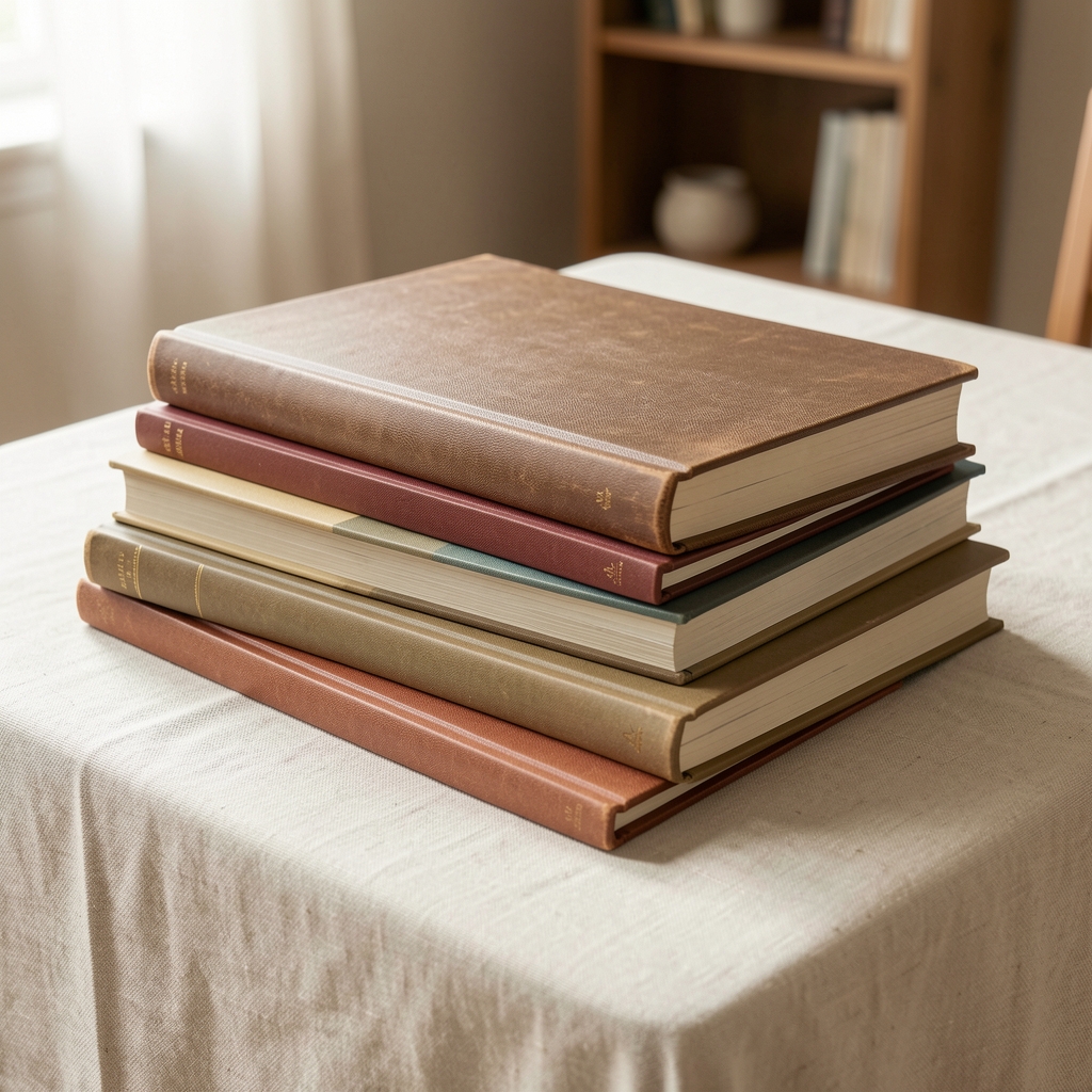 Cuadernos de tapa dura y libretas de distintos formatos apilados sobre una mesa de lino claro sin personas