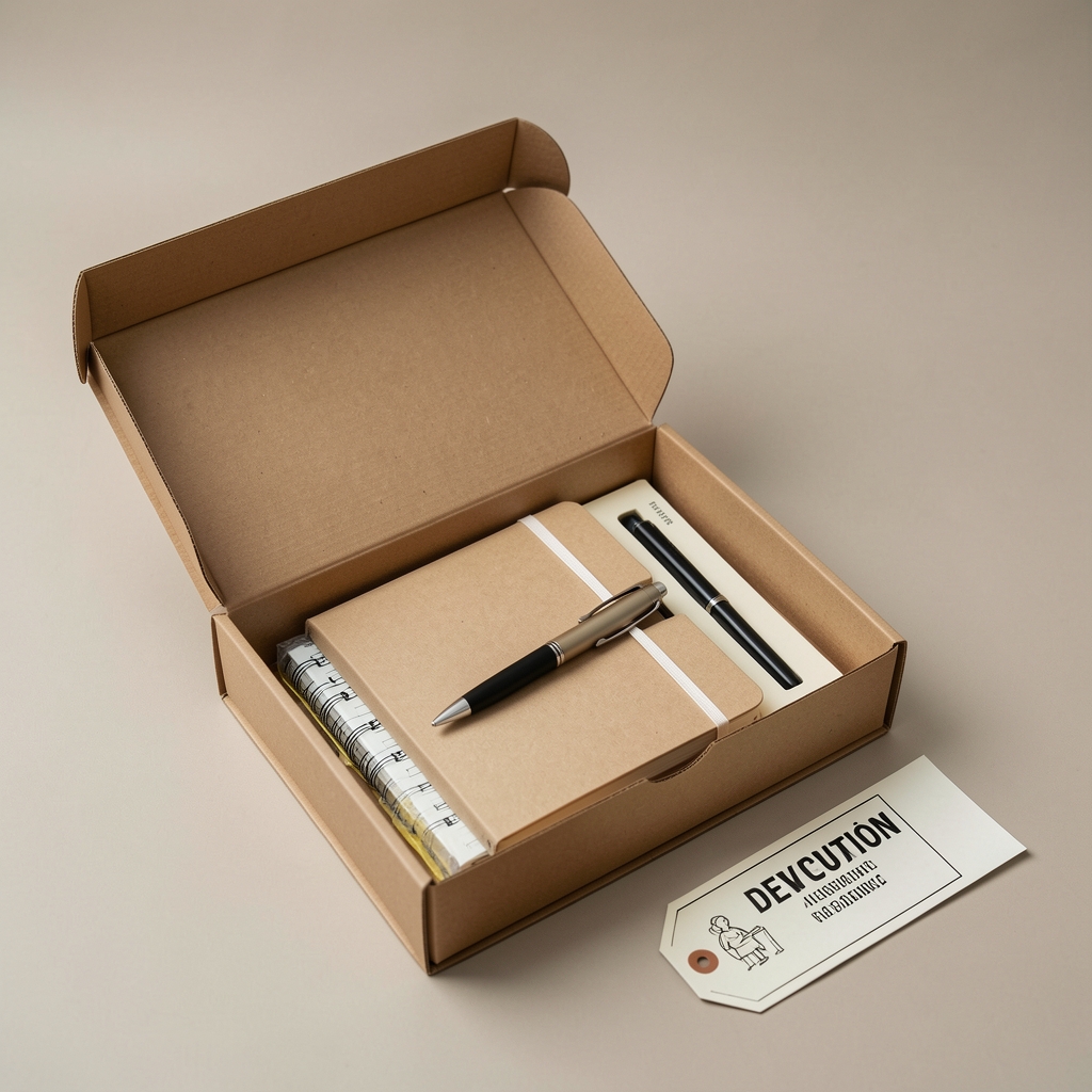 Caja abierta con cuaderno, pluma y material de papelería protegido junto a una etiqueta de devolución sobre fondo neutro