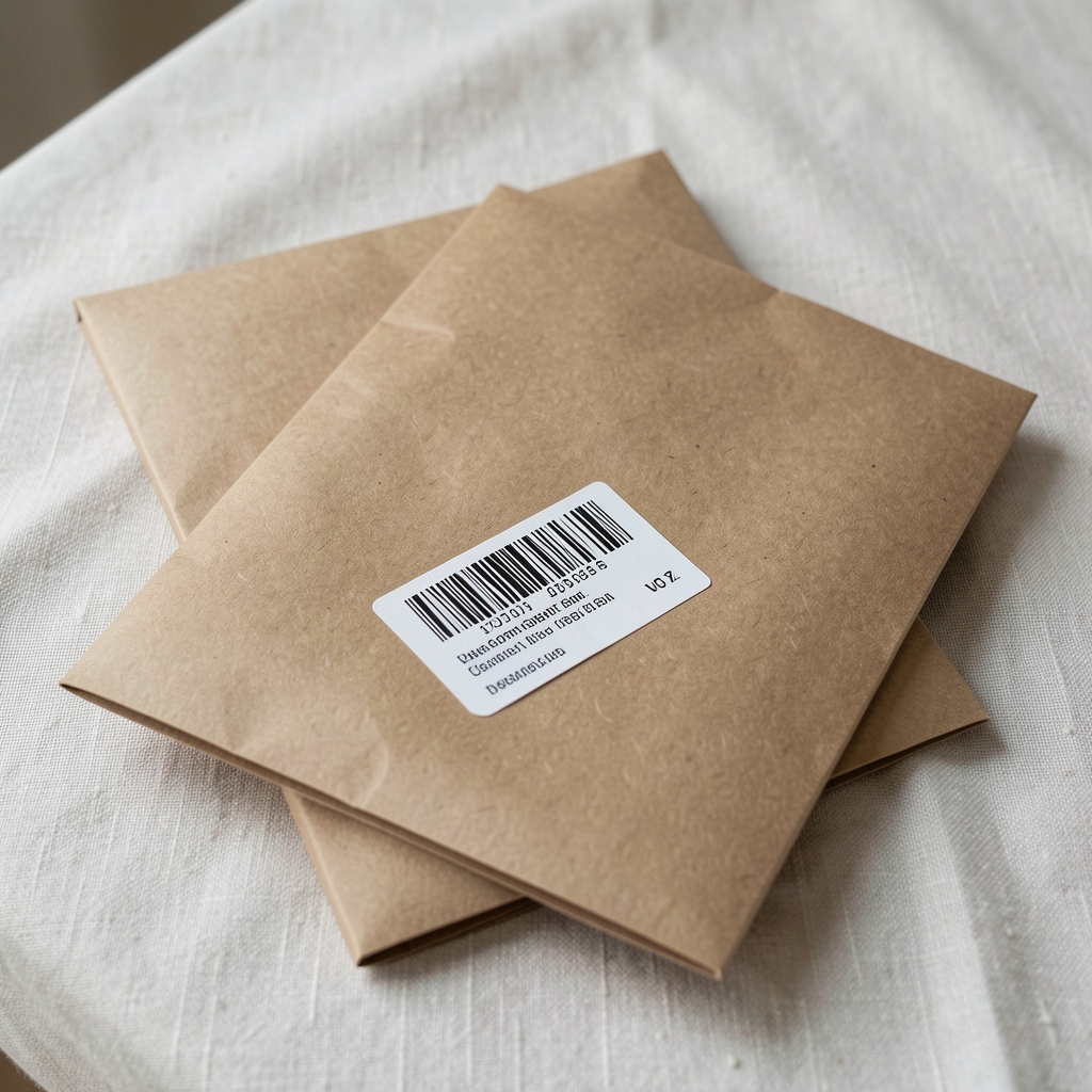 Material de papelería protegido con papel kraft, relleno y etiqueta de devolución sobre mesa de lino clara sin personas