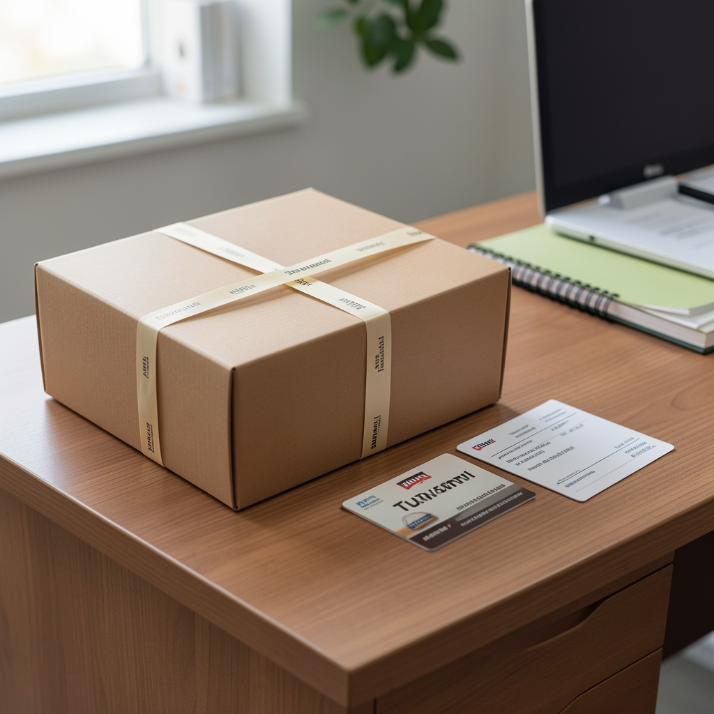 Caja de Turvani cerrada con cinta, tarjeta de seguimiento y cuaderno visible en un punto de despacho sin personas