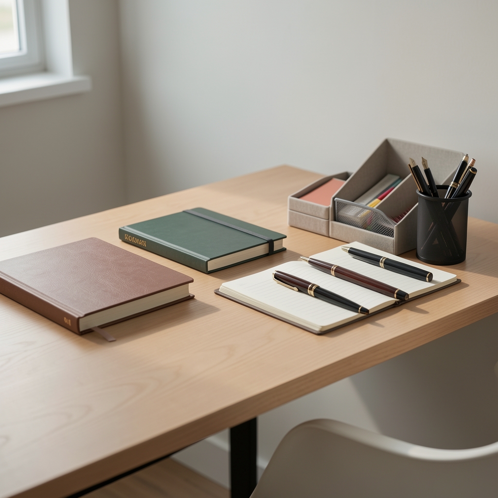 Composición de cuadernos premium, plumas estilográficas y organizadores de escritorio sobre una mesa minimalista sin personas
