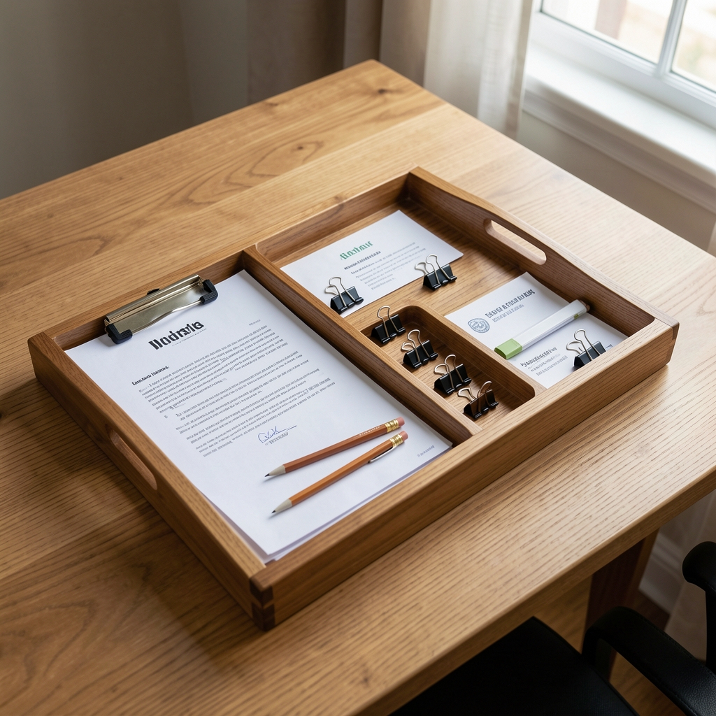 Bandeja de escritorio de madera con documentos, clips y lápices distribuidos por categorías