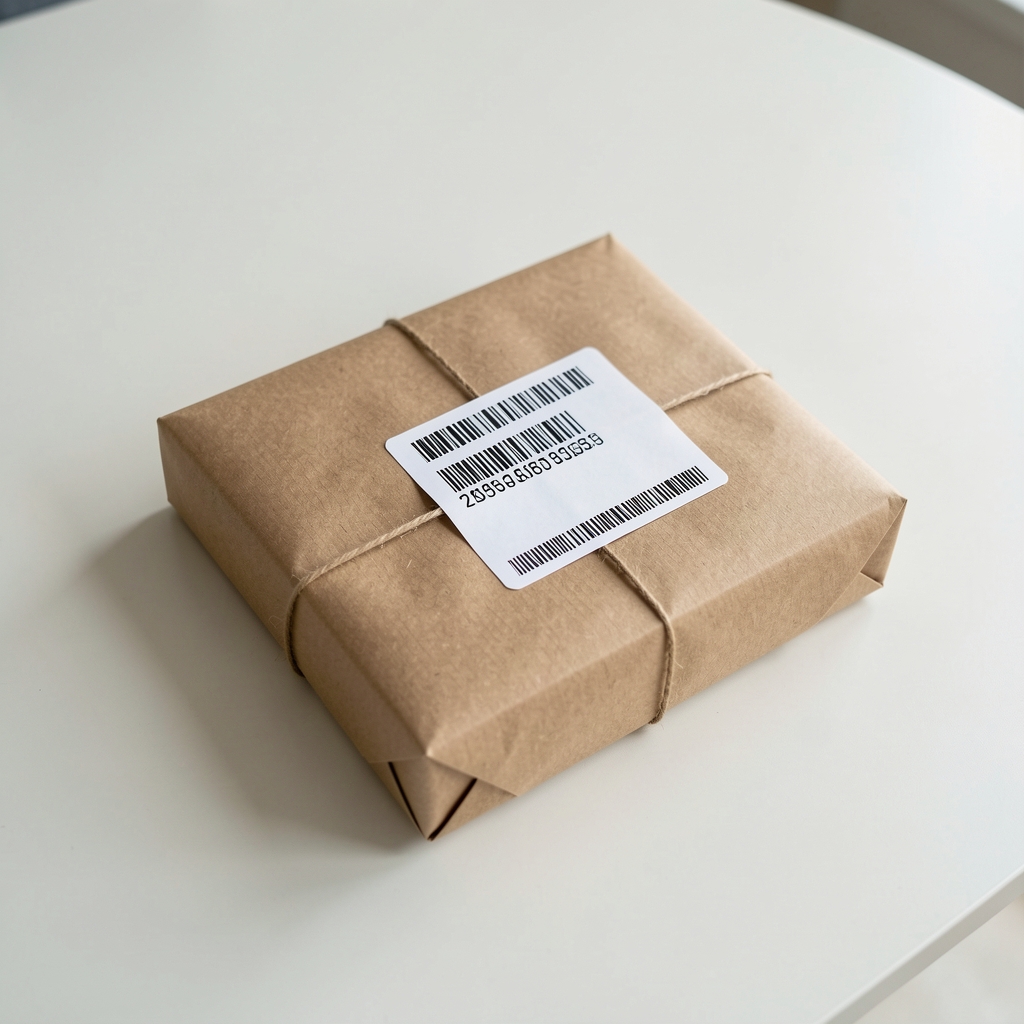 Paquete de papelería envuelto en papel kraft con etiqueta de seguimiento sobre una mesa clara sin personas