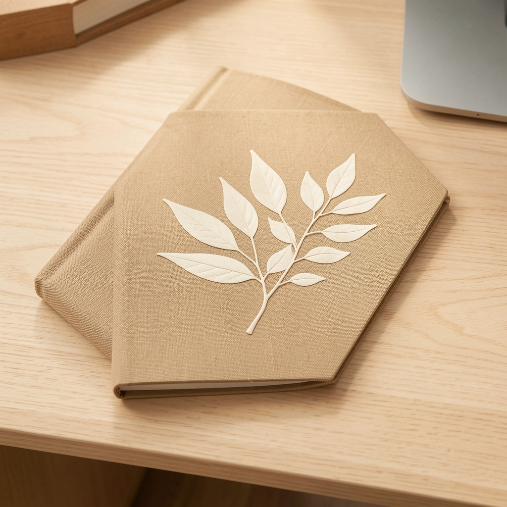 Cuaderno Lino A5 de tapa textil color arena con hojas marfil sobre escritorio de madera clara sin personas