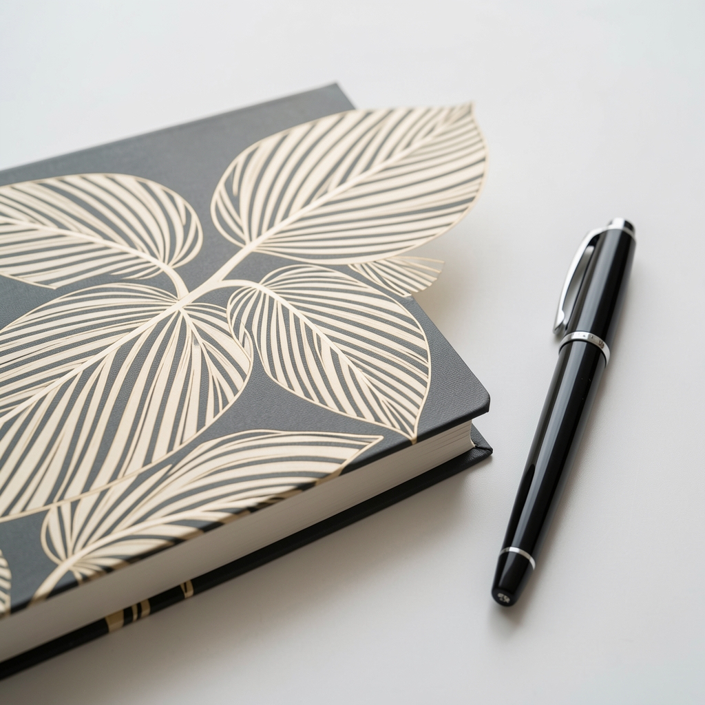 Detalle de hojas marfil rayadas y encuadernación del Cuaderno Lino A5 junto a una pluma negra sin personas