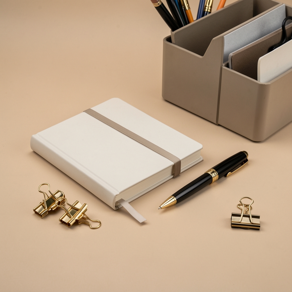 Selección de cuaderno, pluma, clips dorados y organizador de escritorio sobre fondo beige neutro sin personas