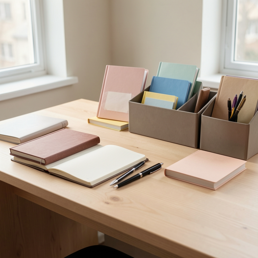 Escritorio de trabajo sereno con cuadernos, plumas y organizadores de papelería sobre madera clara sin personas